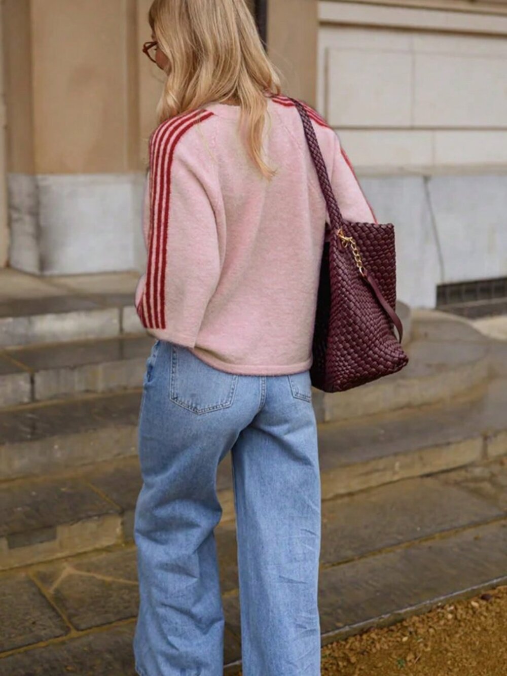 Pink Casual Women's 3/4 Sleeve Striped Round Neck Loose Fuzzy Sporty Sweater - Picture 6 of 10